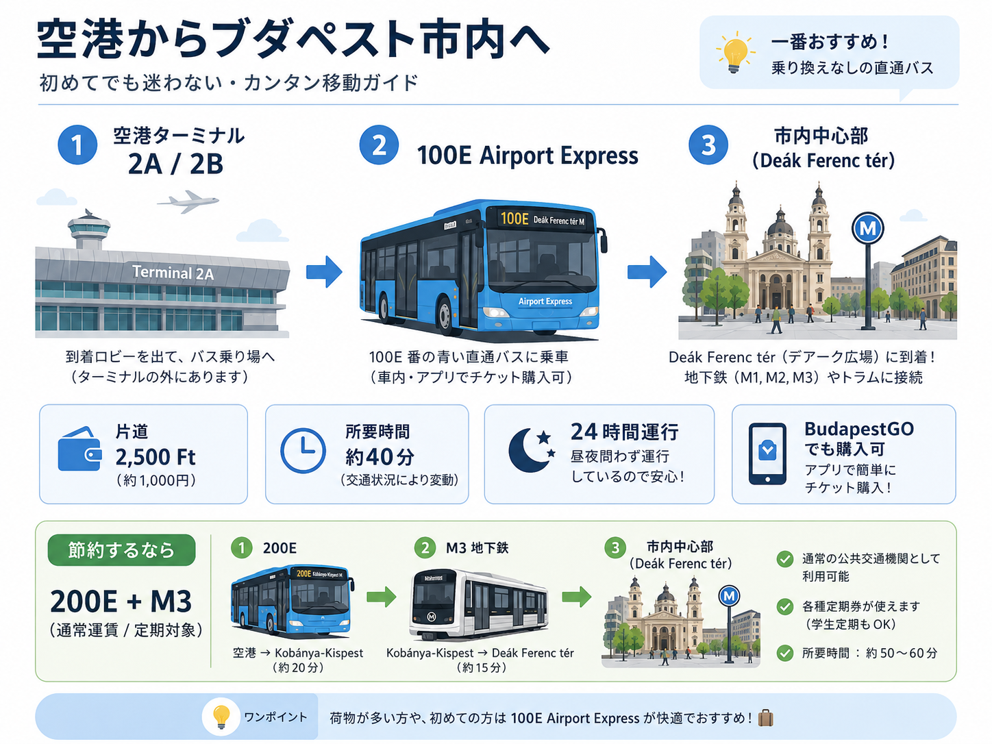 ブダペスト空港から市内中心部への100Eと200E＋M3の移動ガイド