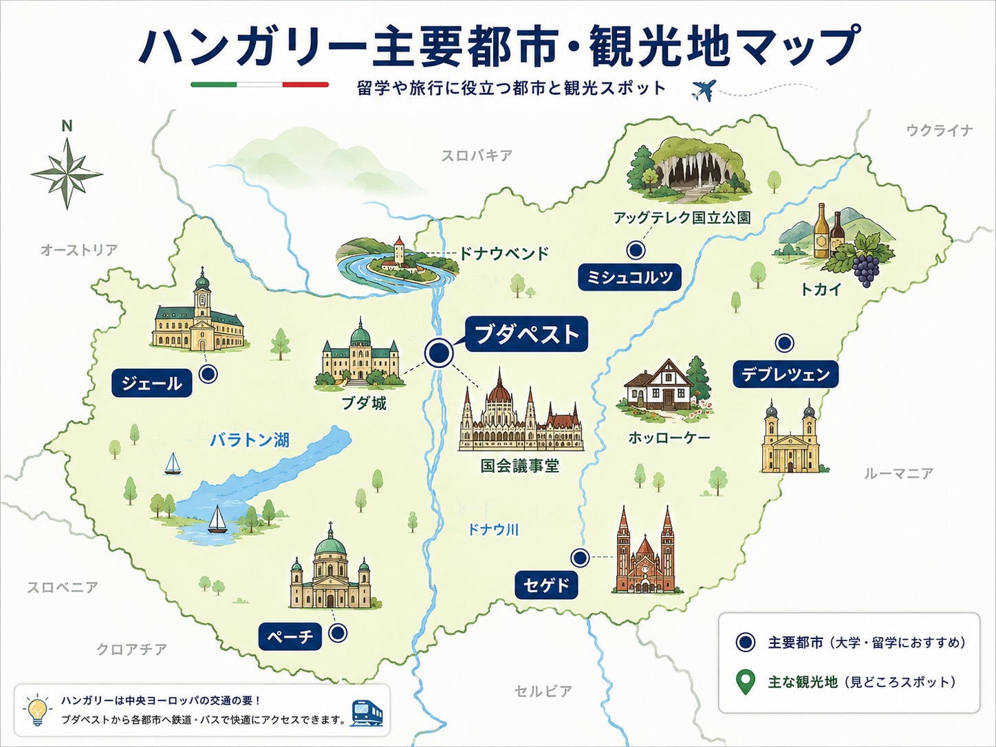 ハンガリーの主要大学都市と観光地を示したマップ