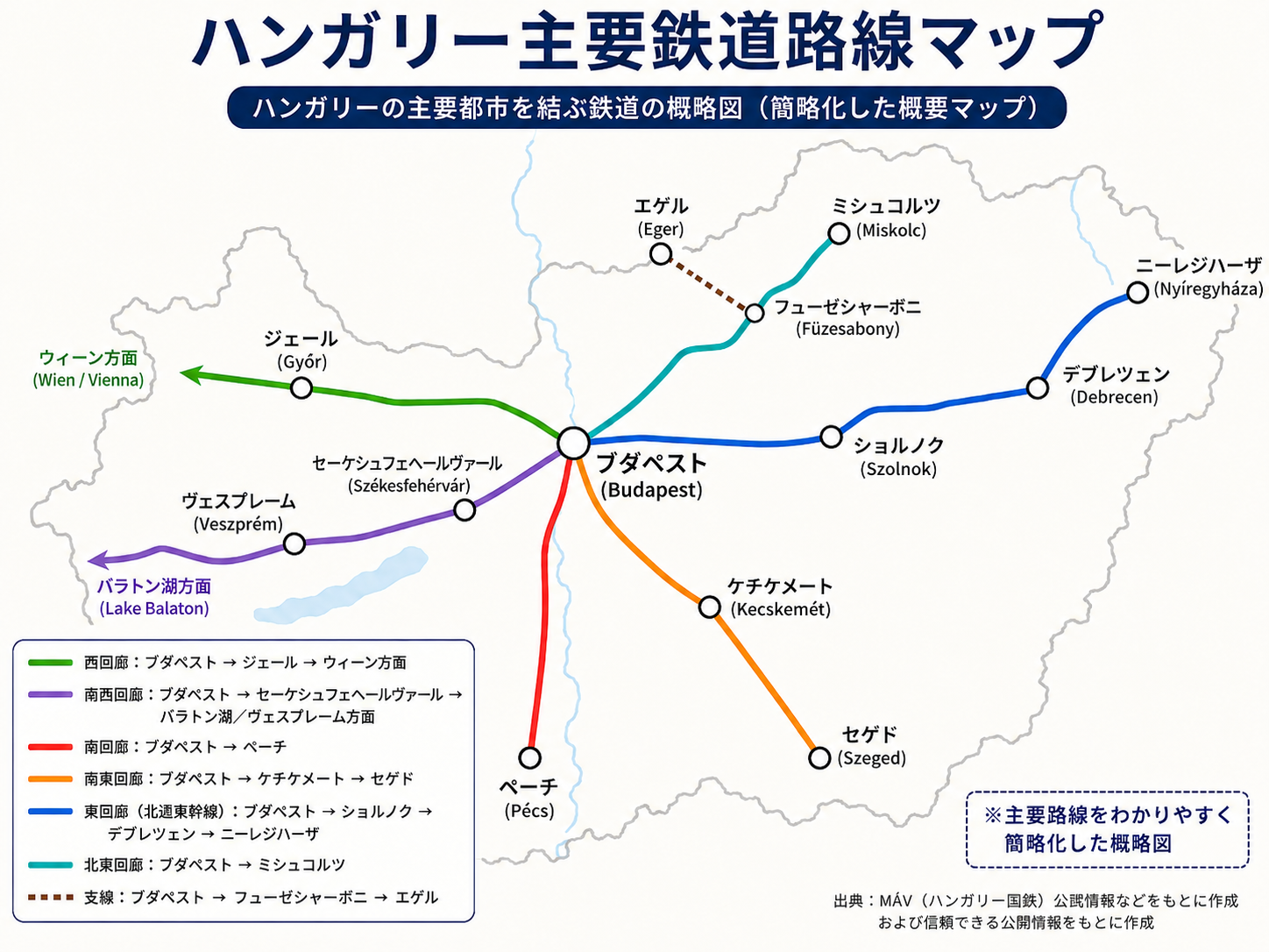ハンガリーの主要都市を結ぶ鉄道路線マップ